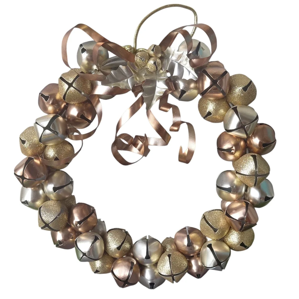 Festive Gold Tone Jingle Bell Holiday Door Wreath Metal Holly & Ribbon Bow